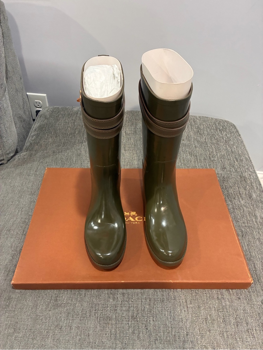 Coach Glossy Olive Green Knee-High Rain Boots with Strap Detail